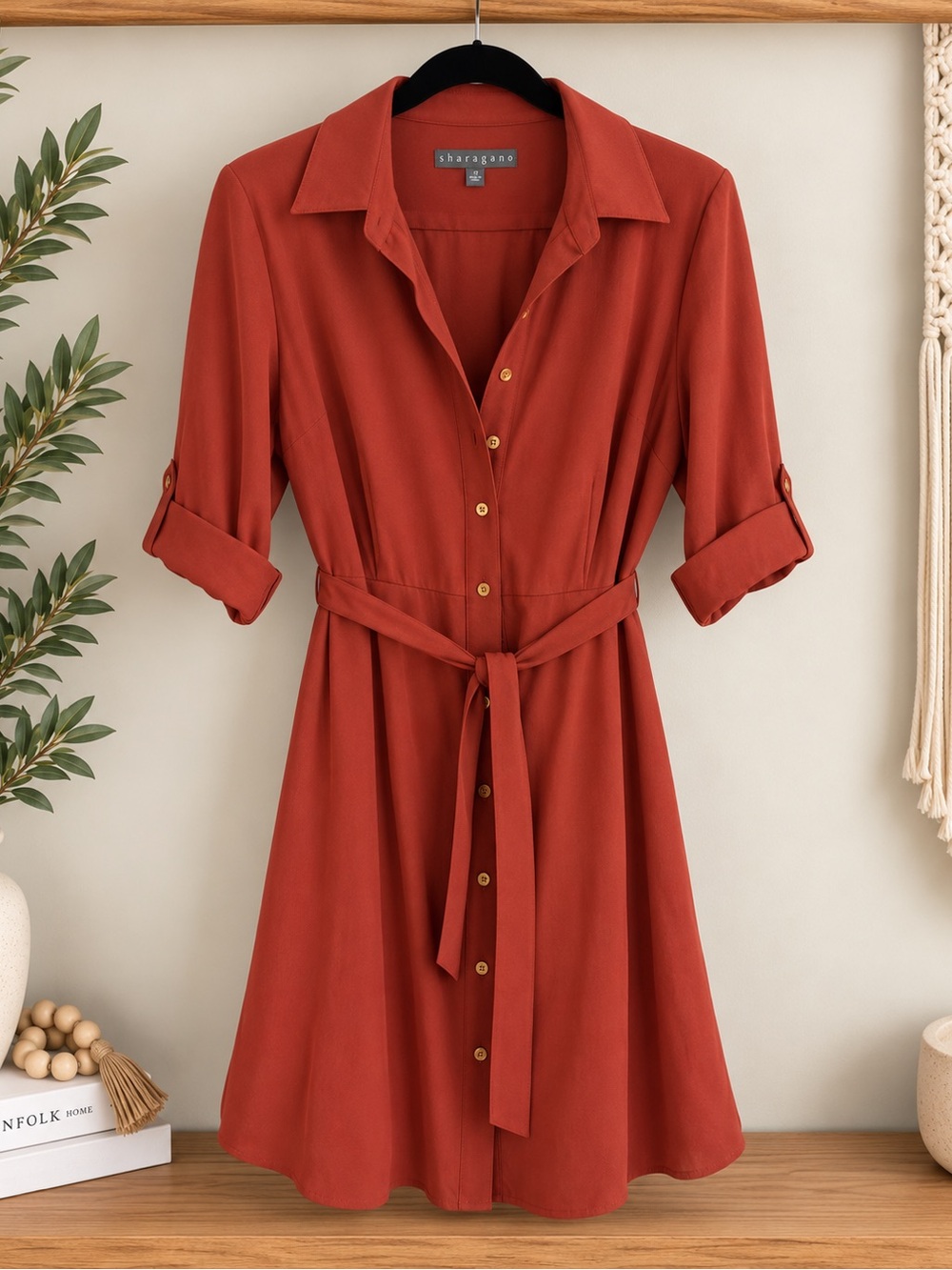 Sharagano Rust Button-Front Shirt Dress with Waist Tie
